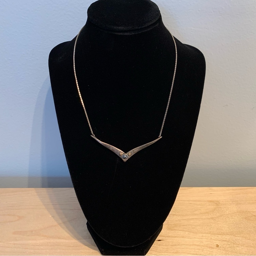 Sterling Silver Necklace Black Stone Vintage Stamped Sterling Artist Logo.
